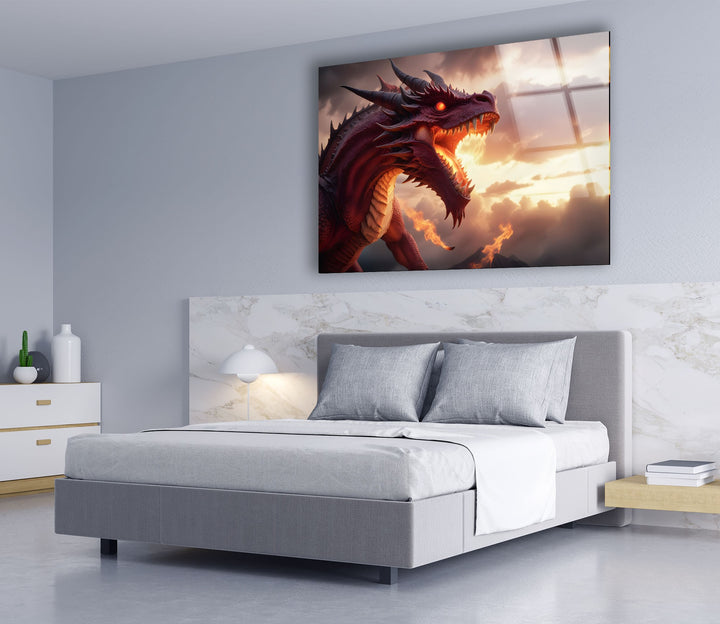 Stunning dragon art featuring a powerful creature against an intense, fiery sky.
