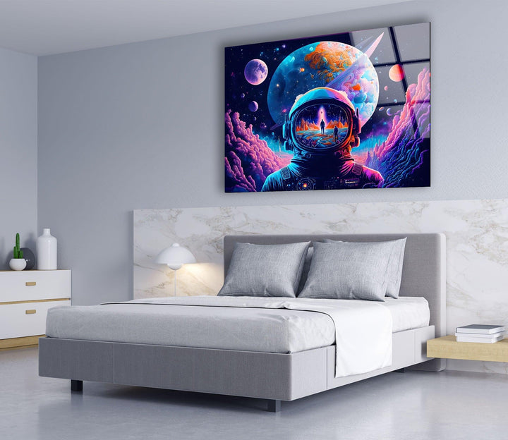 Neon Purple Astronaut Glass Wall Art large glass photo prints, glass wall photos
