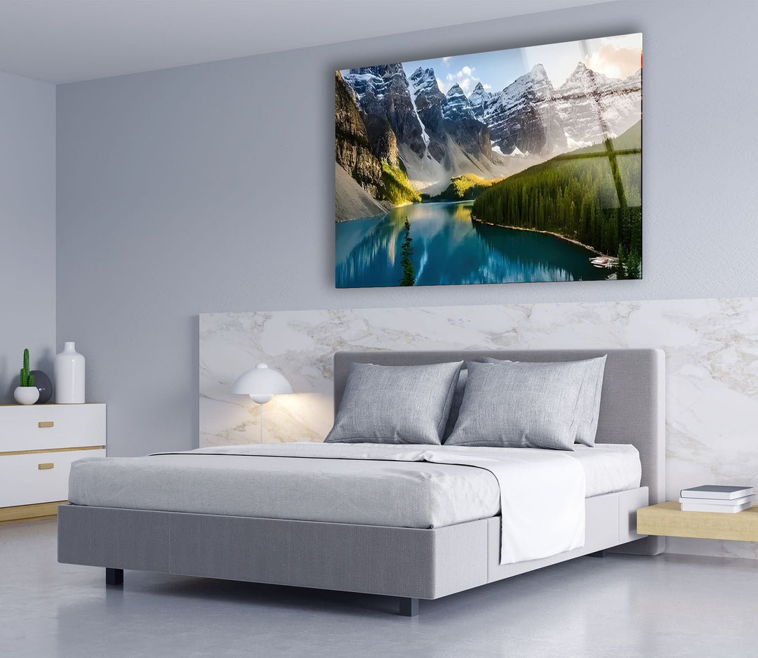 Vivid Snowy Mountains & Trees Glass Wall Art glass photo prints, glass picture prints
