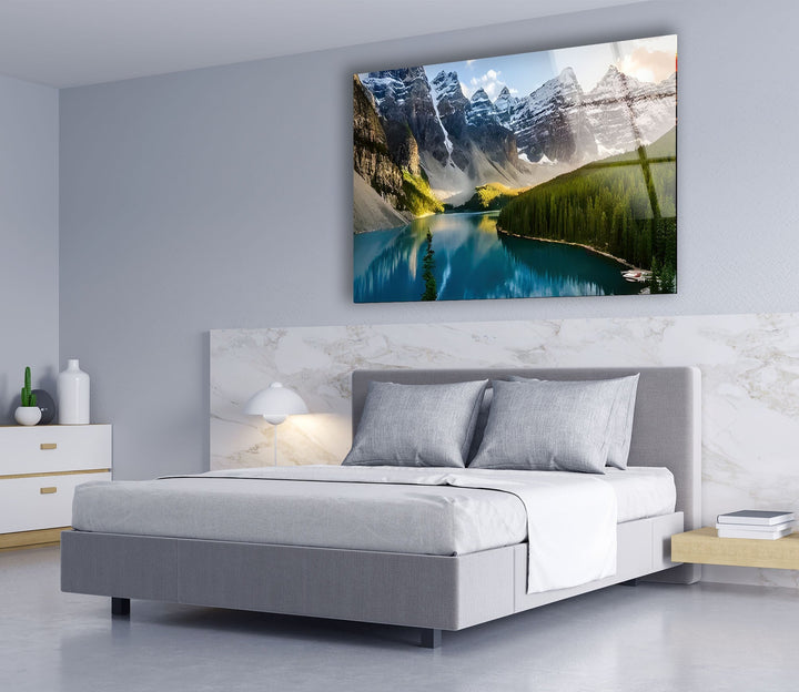 Vivid Snowy Mountains & Trees Glass Wall Art glass photo prints, glass picture prints
