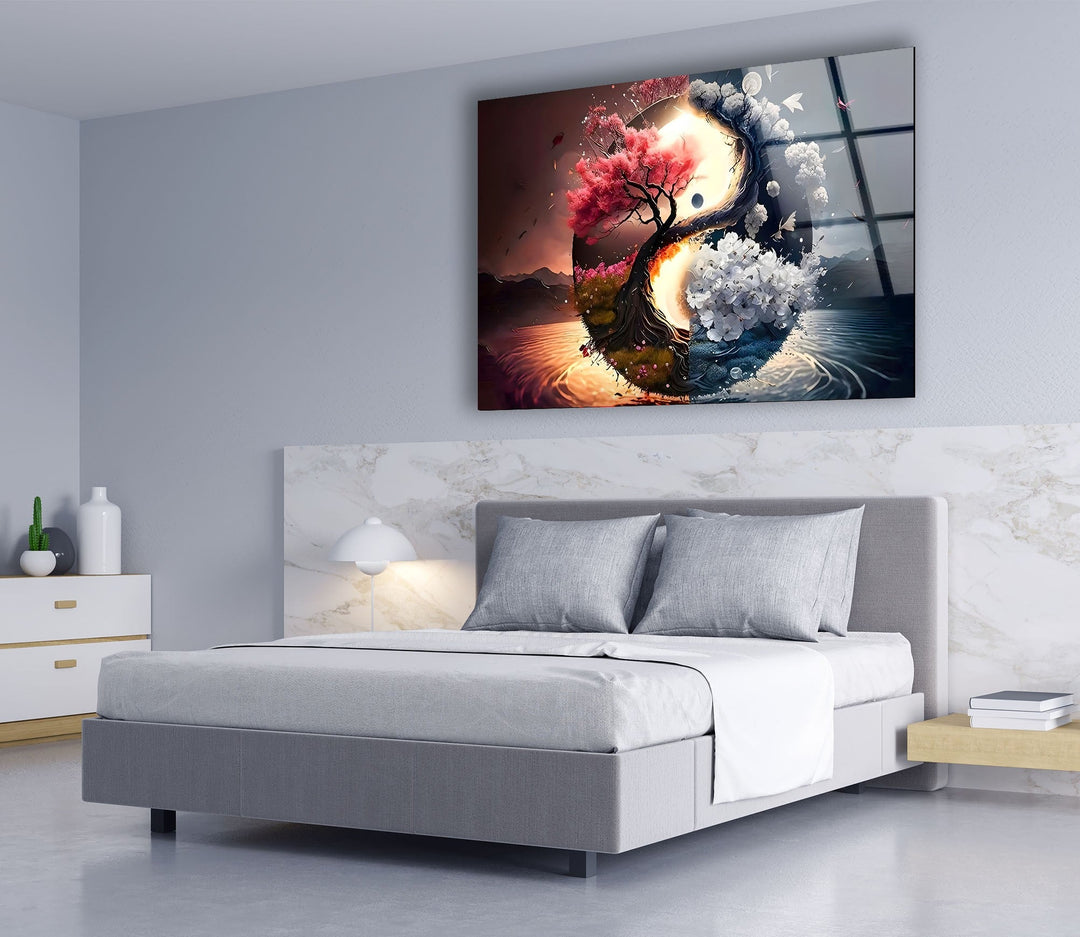 Yin Yang Flower Tree Glass Wall Art print on glass, glass printed photos
