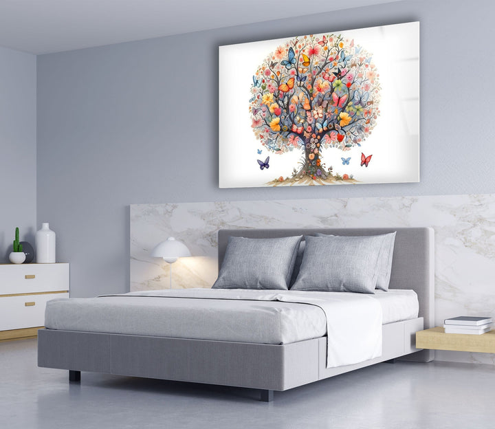 Flower & Butterfly Tree Glass Wall Art custom glass photo prints, large glass prints
