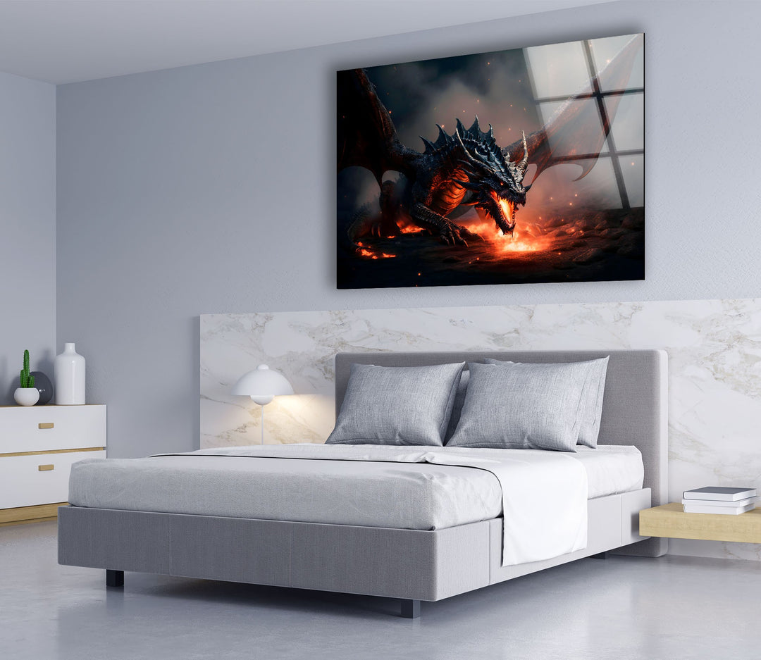 Legendary dragon artwork featuring a fierce creature in a fiery, mystical landscape.
