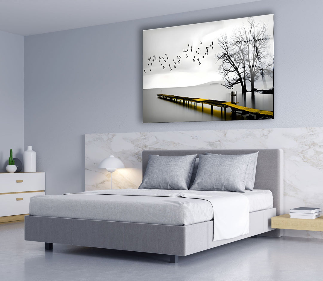 Black & White Dock and Birds Glass Wall Art photo print on glass, prints on glass wall art
