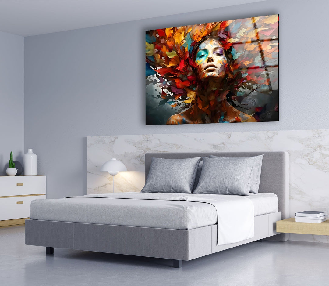 Woman with Colored Leafs Glass Wall Art print on glass, glass printed photos
