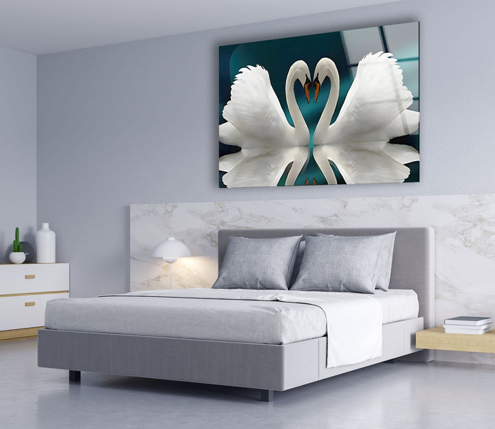 Couple Heart Swans Glass Wall Art custom glass pictures, glass art prints
