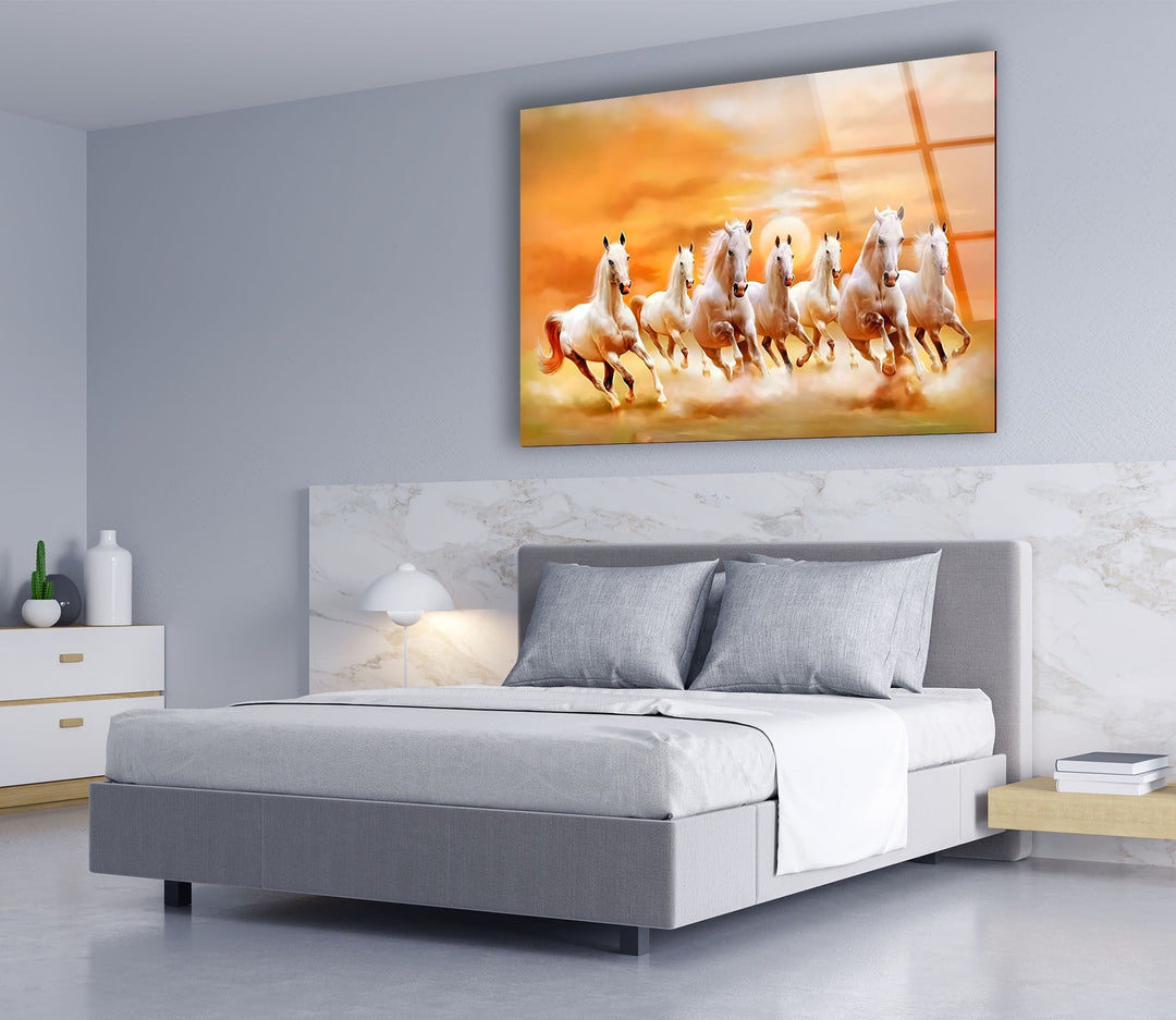 White Horses Running on Sunset Glass Wall Art glass photo prints, glass picture prints
