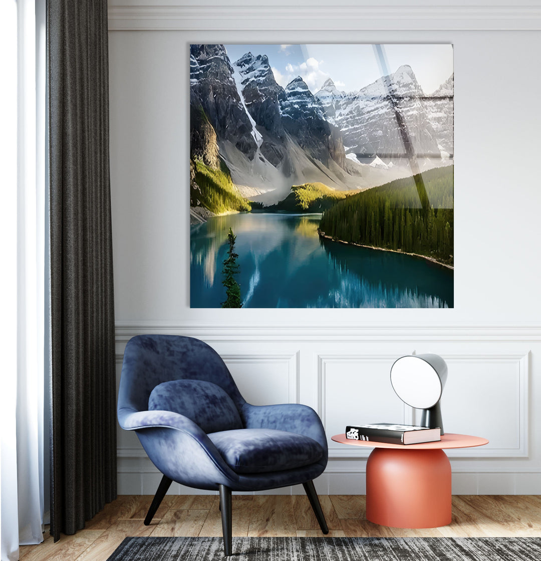 Vivid Snowy Mountains & Trees Glass Wall Art print picture on glass, Tempered Glass Wall Art
