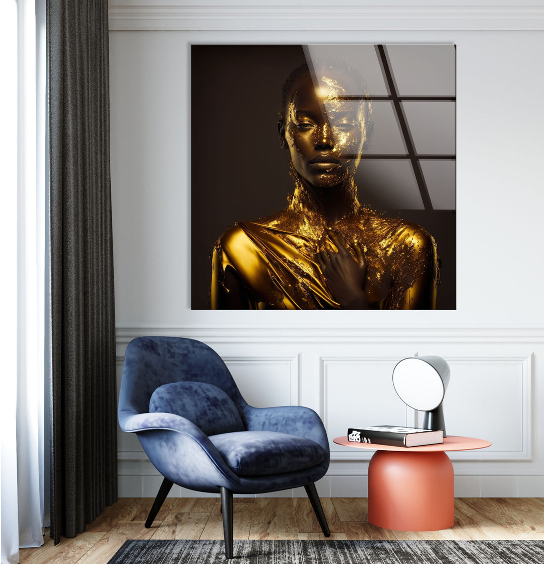 Portrait of a Woman Covered With Gold Glass Wall Art custom glass pictures, glass art prints
