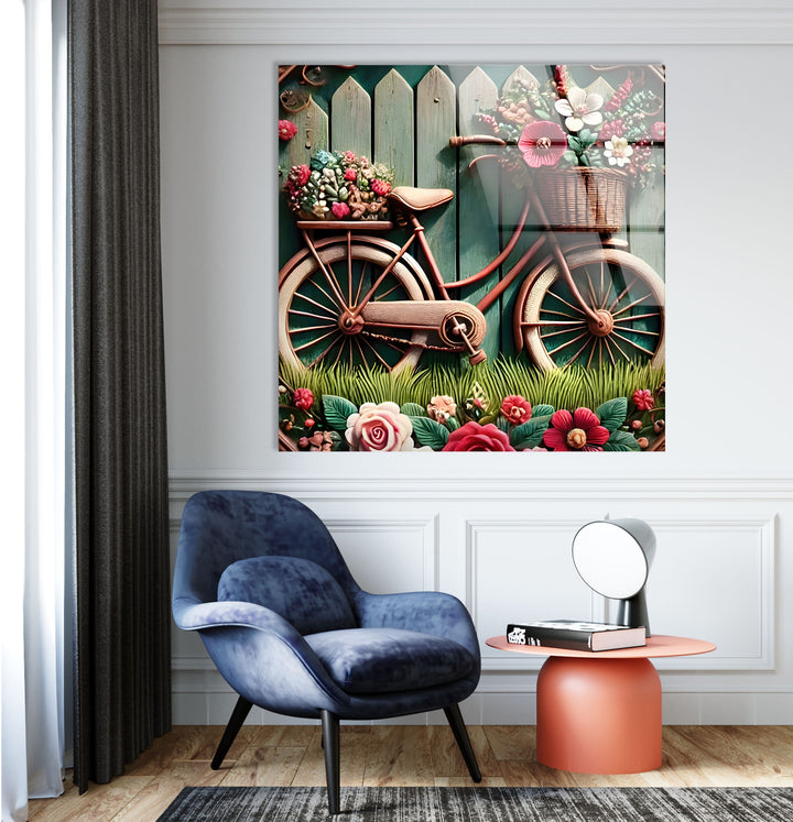 Bicycle with Flowers Glass Wall Art custom glass photo prints, large glass prints
