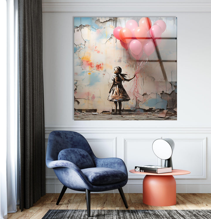 Girl Holding Balloon Glass Wall Art custom glass pictures, glass art prints
