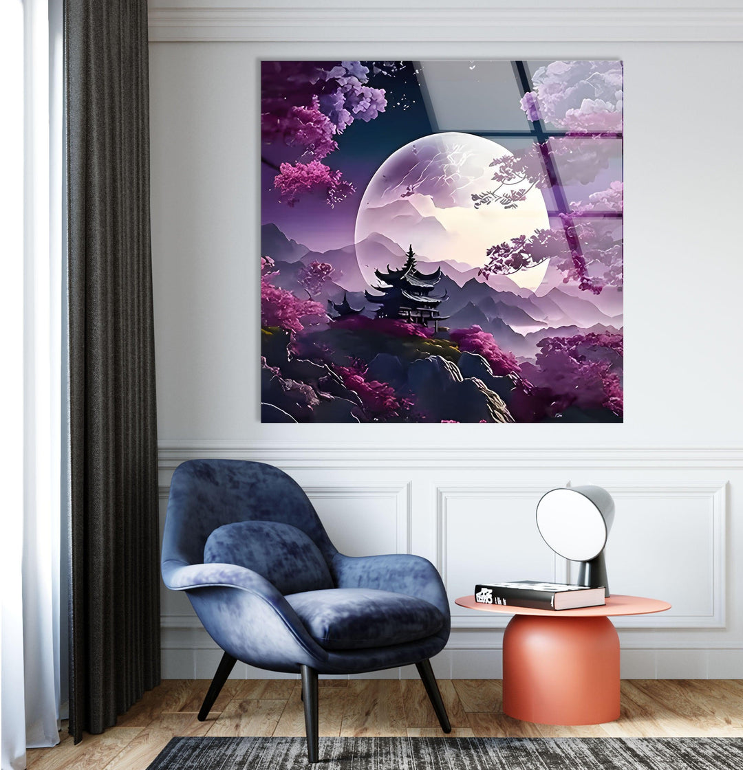 Japanese Temple Purple Sunset Glass Wall Art glass art painting, glass art for the Wall
