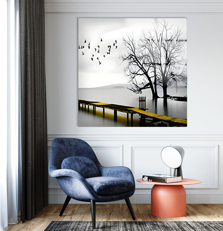 Black & White Dock and Birds Glass Wall Art Glass Printing Wall Art, Print photos on glass
