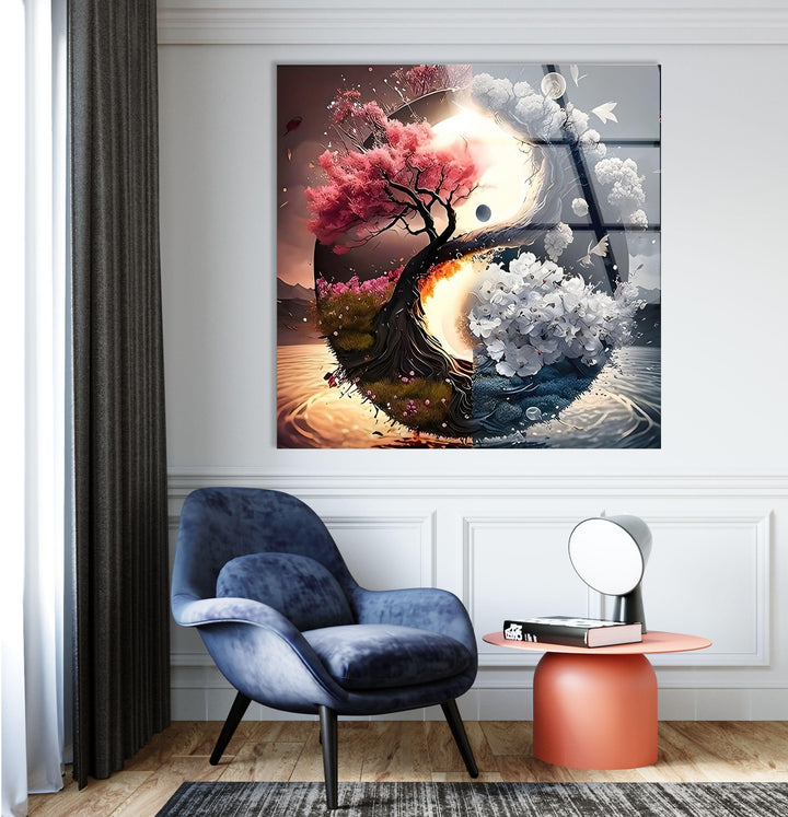 Yin Yang Flower Tree Glass Wall Art Glass Printing Wall Art, Print photos on glass
