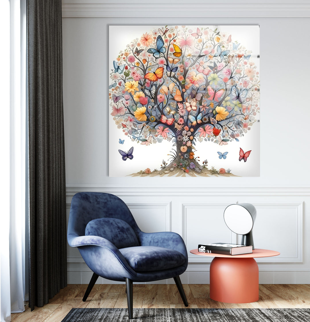 Flower & Butterfly Tree Glass Wall Art glass image printing, glass prints from photos
