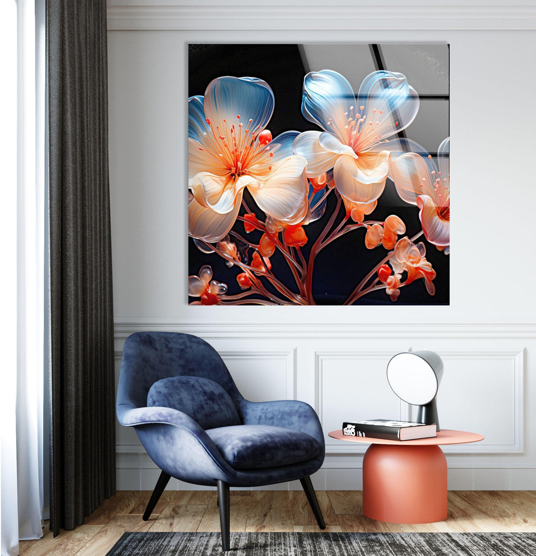 Orange & Blue Flower Glass Wall Art print picture on glass, Tempered Glass Wall Art
