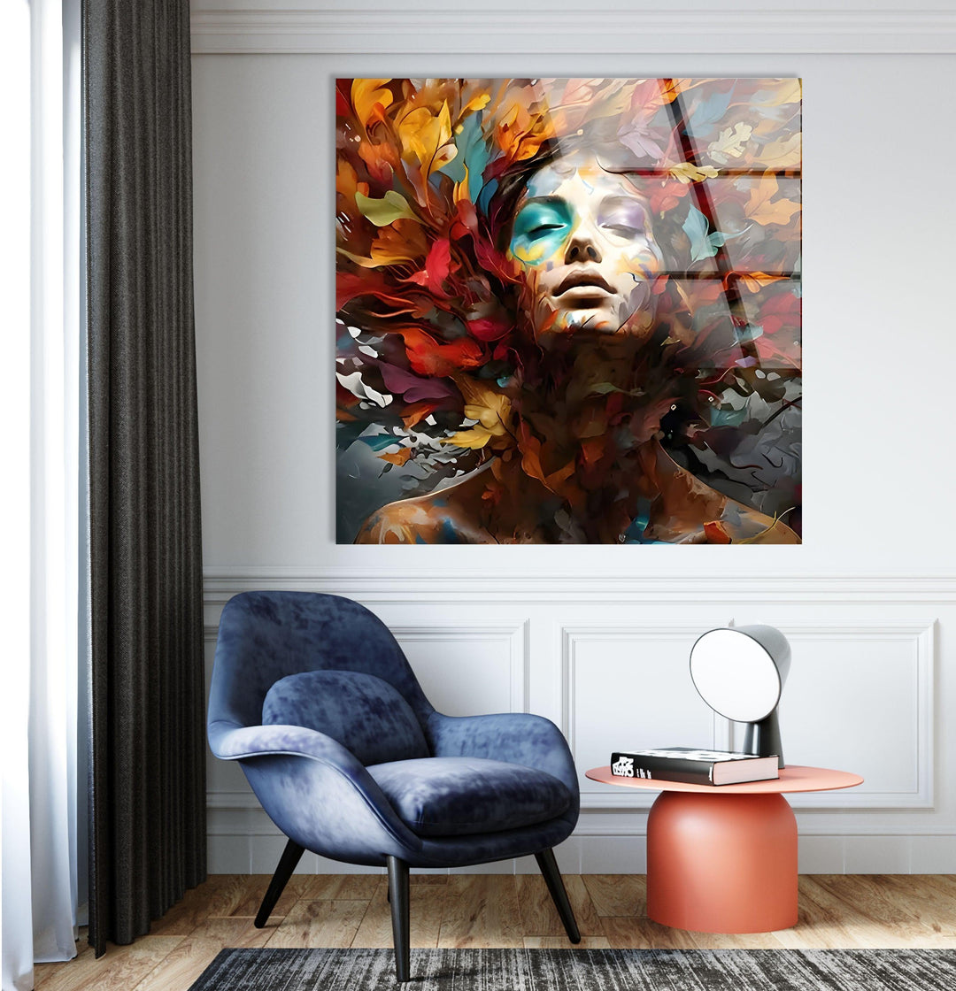 Woman with Colored Leafs Glass Wall Art custom glass pictures, glass art prints
