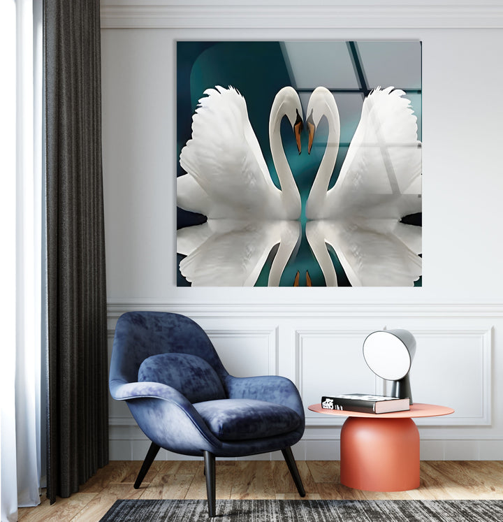 Couple Heart Swans Glass Wall Art print on glass, glass printed photos
