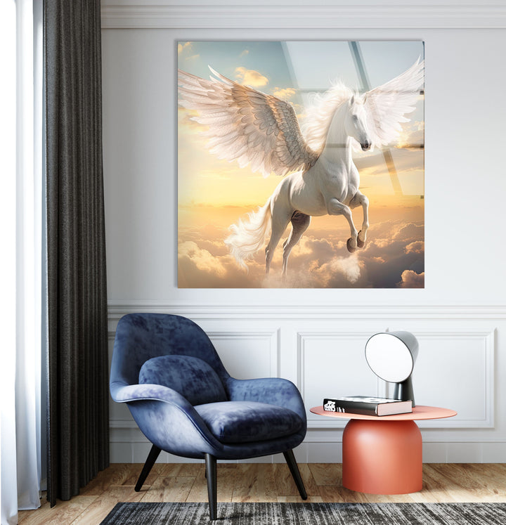 Winged Horse White Glass Wall Art glass art painting, glass art for the Wall
