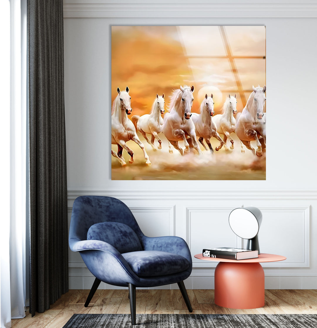 White Horses Running on Sunset Glass Wall Art custom glass photo prints, large glass prints
