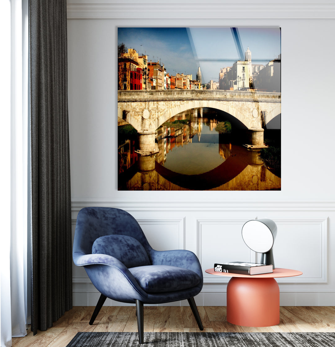 Girona Bridge Glass Wall Art – Scenic View of Spanish City with Reflection in River