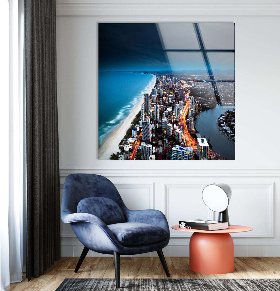 Gold Coast Skyline Glass Wall Art – Majestic View of Australian Coastal City at Night