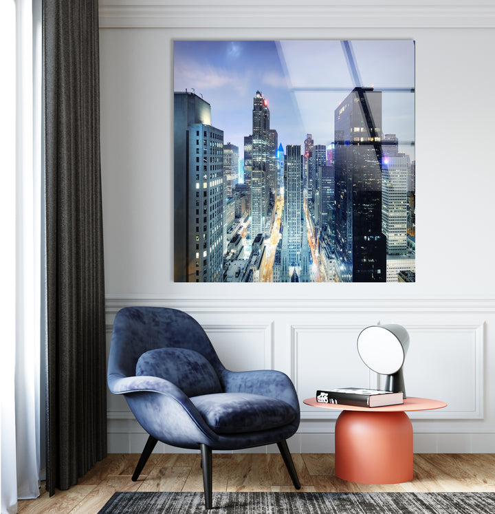 Chicago Skyline Glass Wall Art – Stunning Night View of Downtown Skyscrapers and Streets