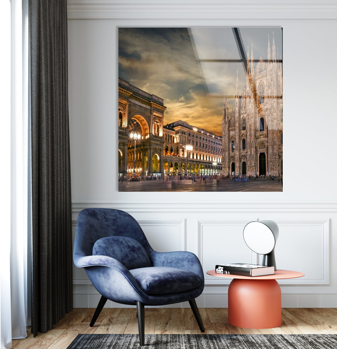 Milan Cityscape Glass Wall Art – Iconic Duomo Cathedral & Galleria Vittorio Emanuele at Dusk