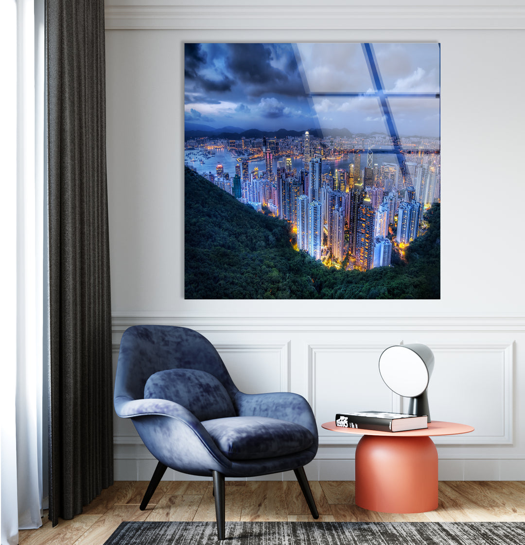 Hong Kong Skyline Glass Wall Art – Stunning View of City Lights & Harbor at Dusk