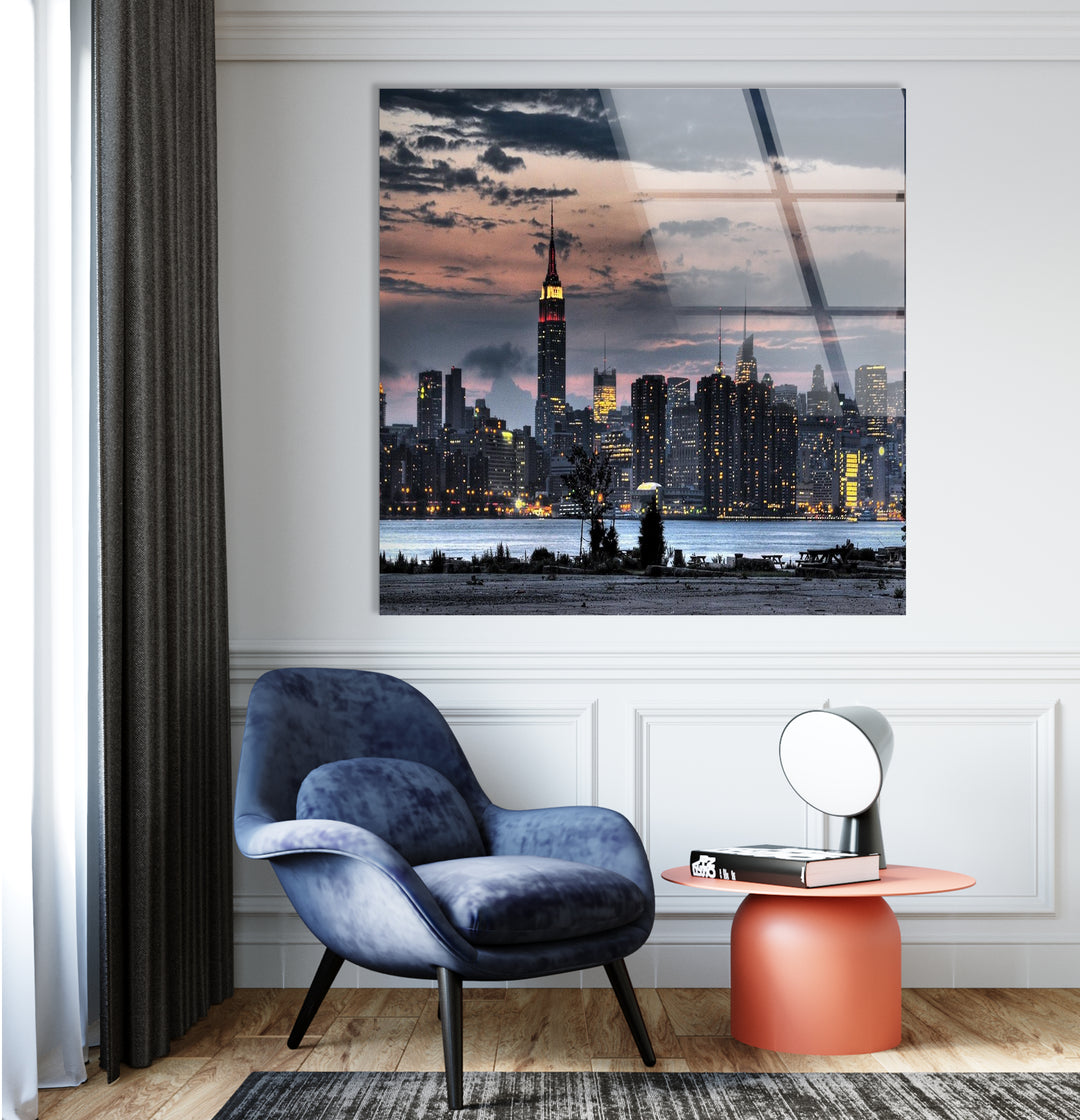 New York City Skyline Glass Wall Art – Stunning Evening View of Empire State Building & Downtown