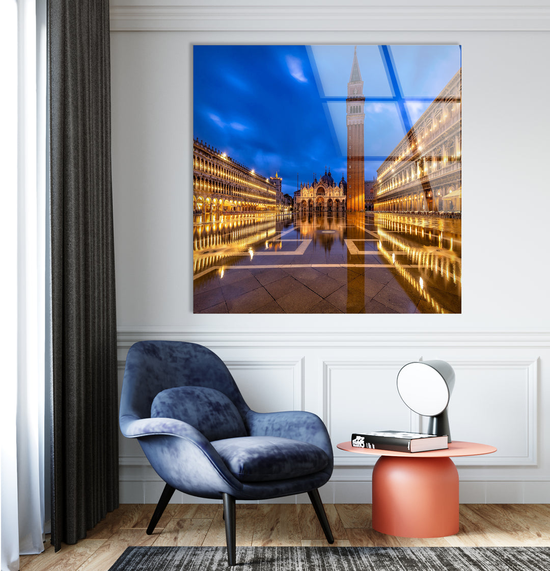 St. Mark's Square Glass Wall Art – Majestic Venice Landmark with Illuminated Campanile Tower