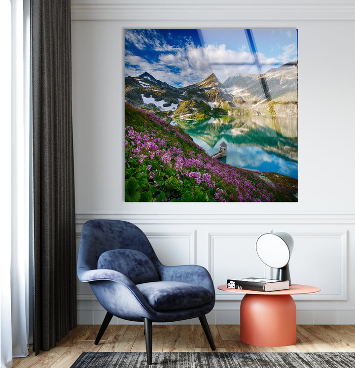 Norwegian Fjord Glass Wall Art – Majestic Mountain with Blossoming Flowers