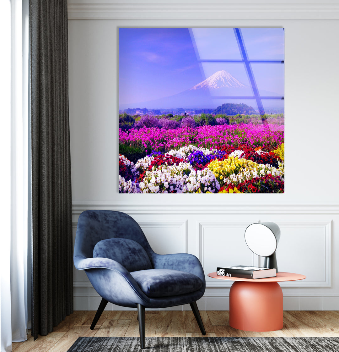 Mount Fuji and Flower Field Glass Wall Art – Majestic View of Japan’s Iconic Mountain & Blossoming Landscape