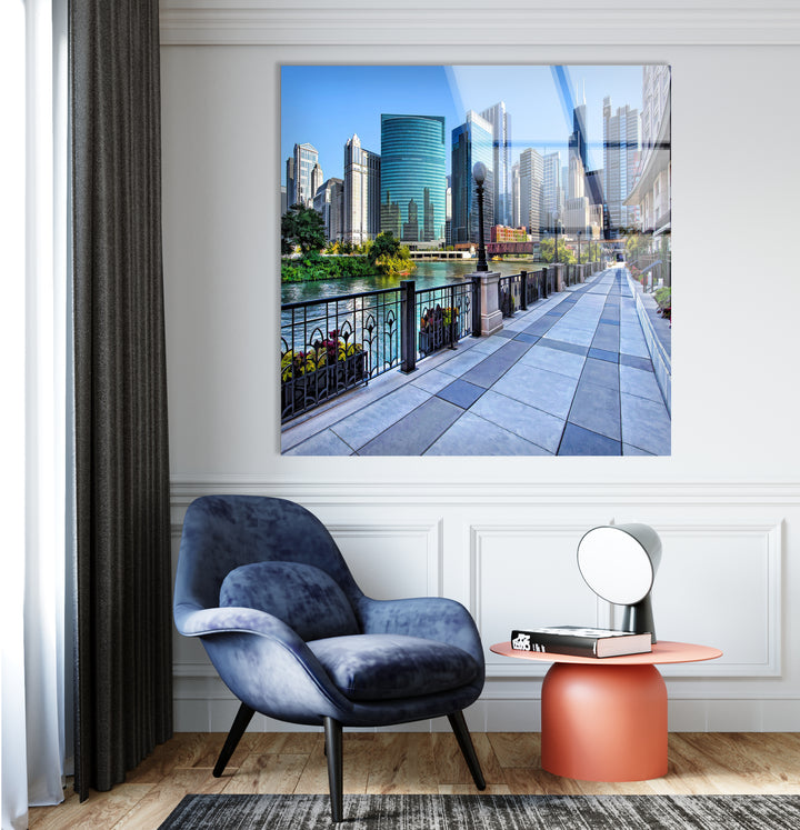 Chicago Riverwalk Glass Wall Art – Stunning View of Downtown Skyscrapers & Waterfront Path