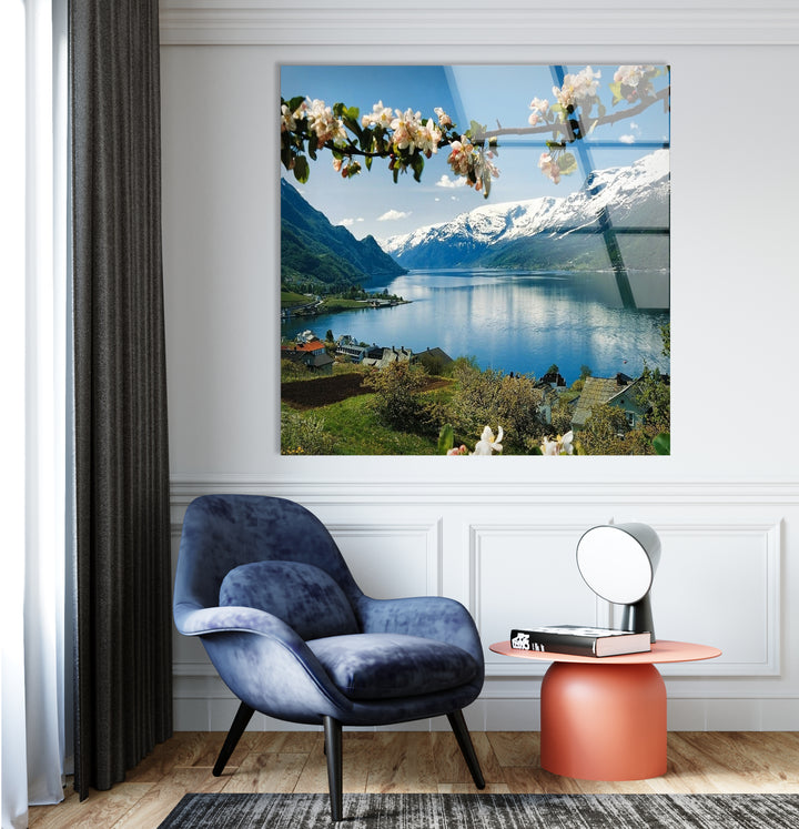 Norwegian Fjord Glass Wall Art – Majestic Mountain & Lake View with Blossoming Flowers