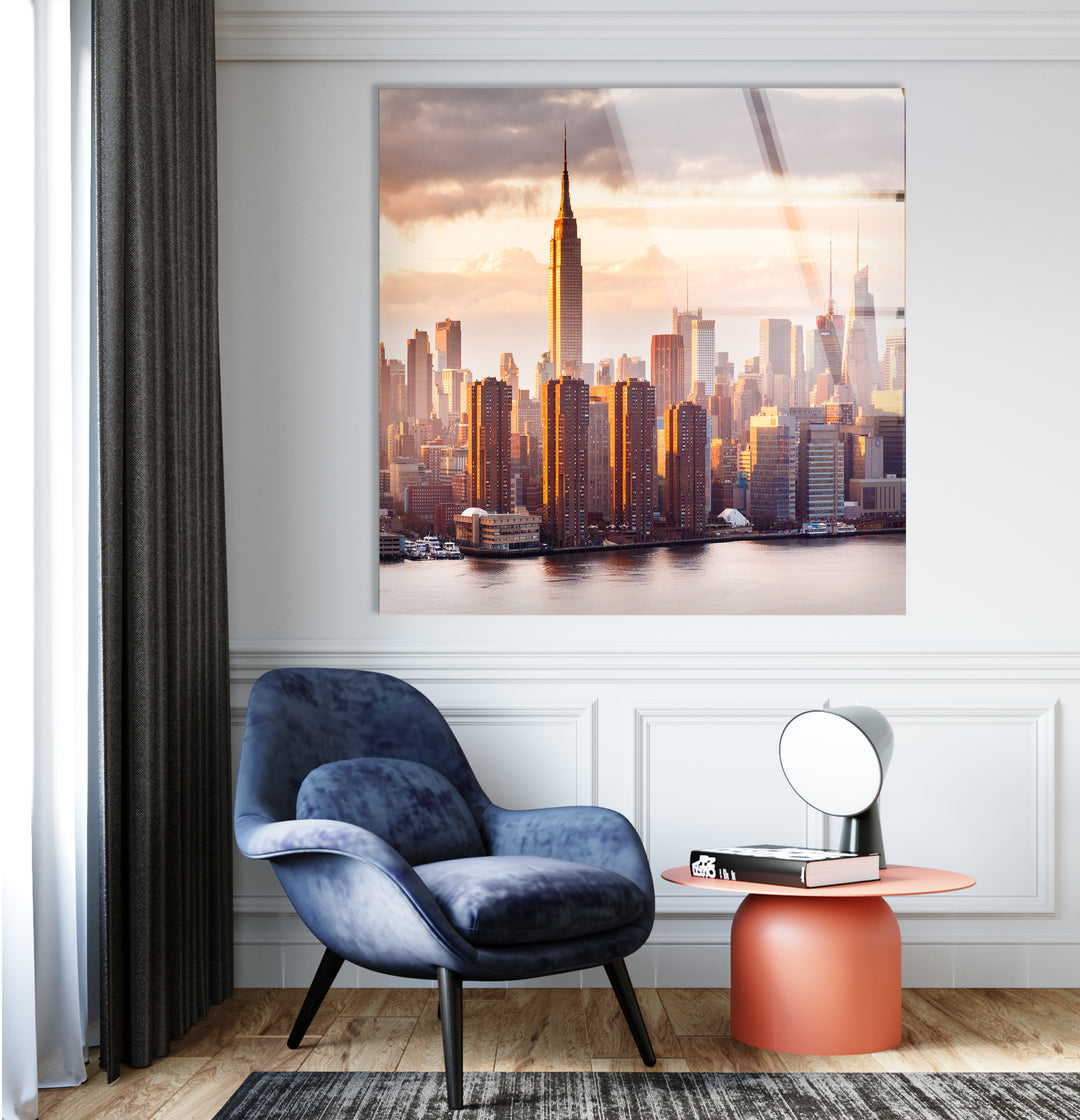 Empire State Building Glass Wall Art – Stunning NYC Skyline at Sunset