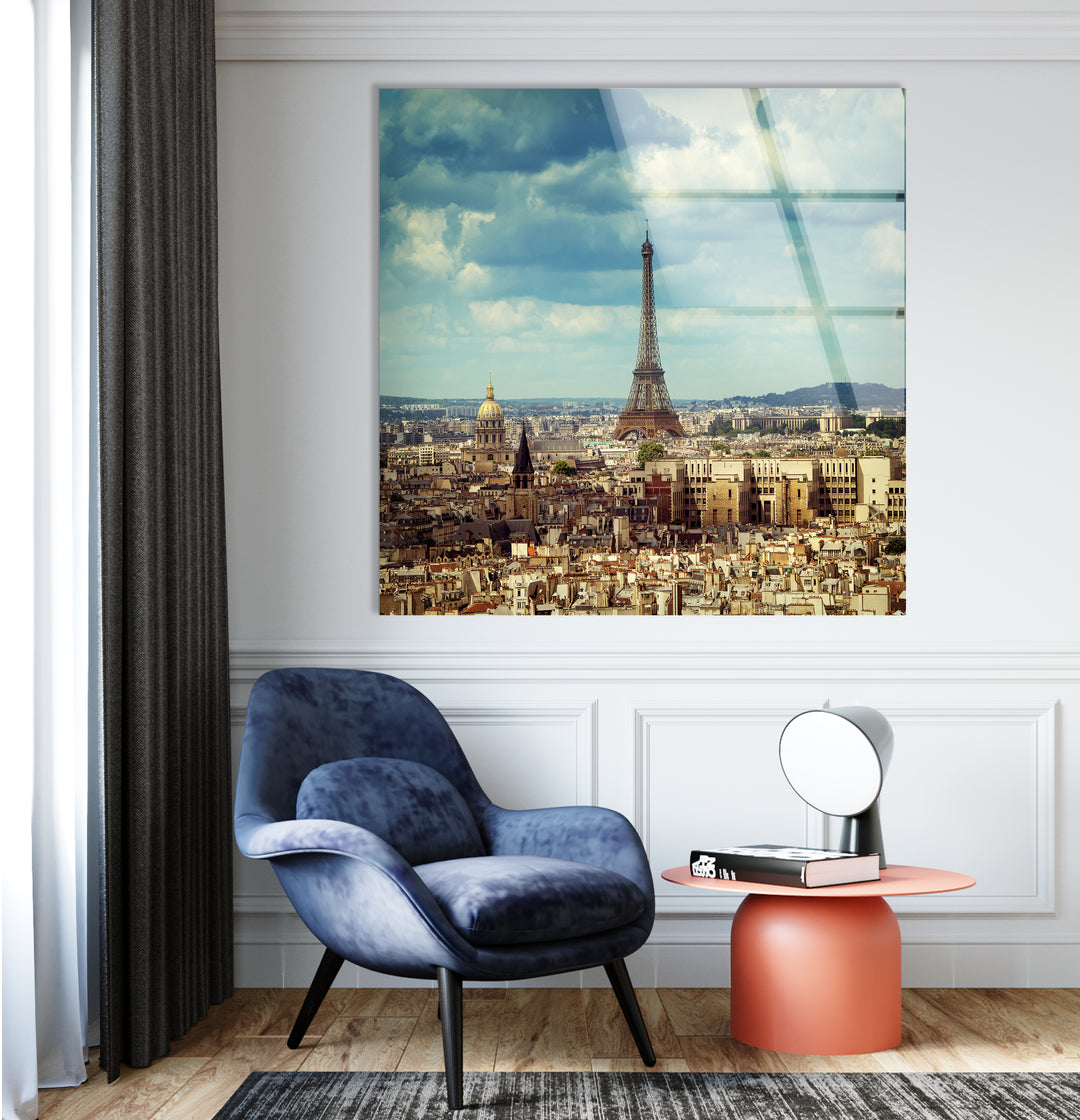 Paris Skyline Glass Wall Art – Iconic Eiffel Tower View with Cityscape