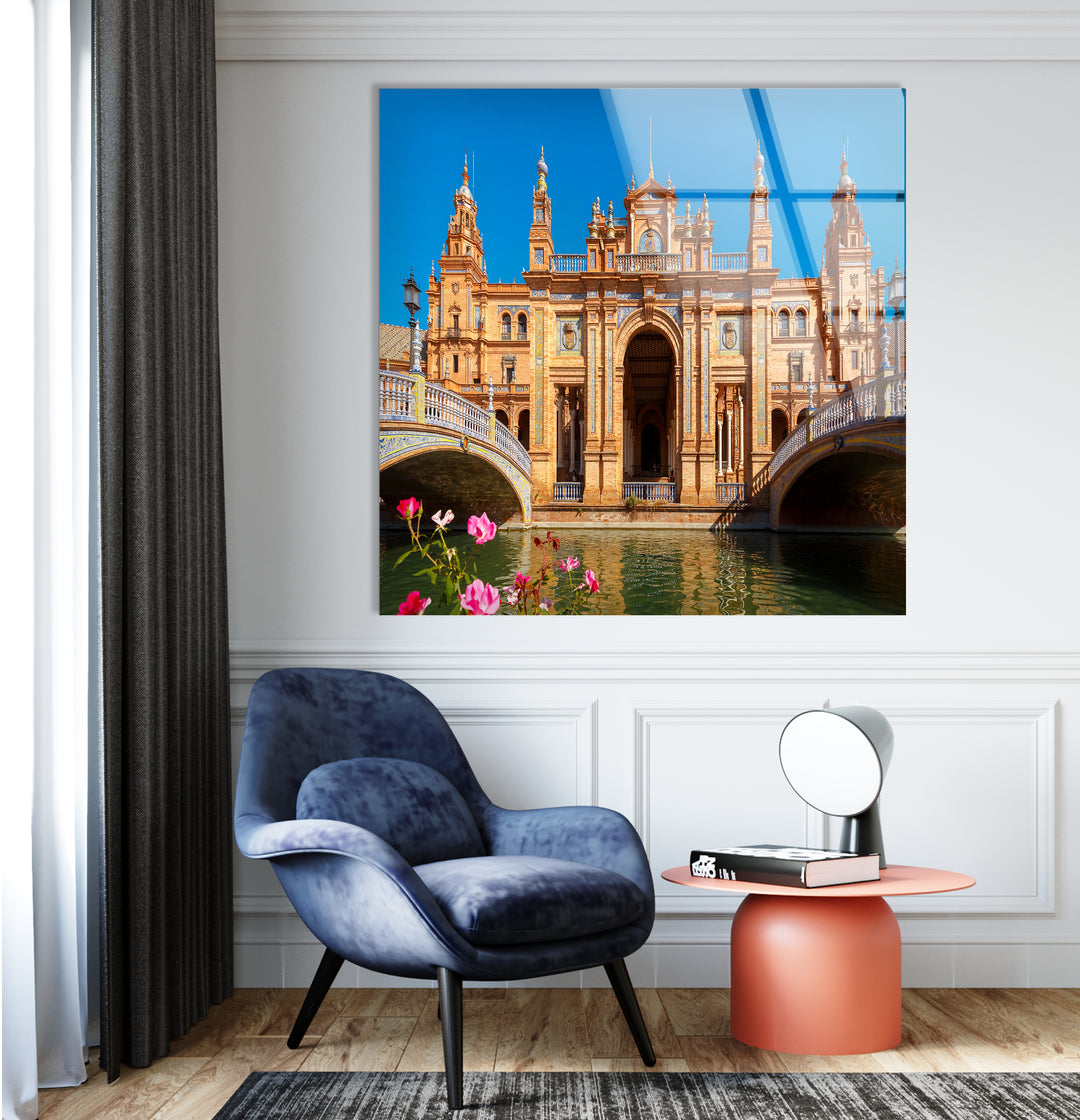 Plaza de España Glass Wall Art – Majestic Spanish Landmark with Scenic Canal