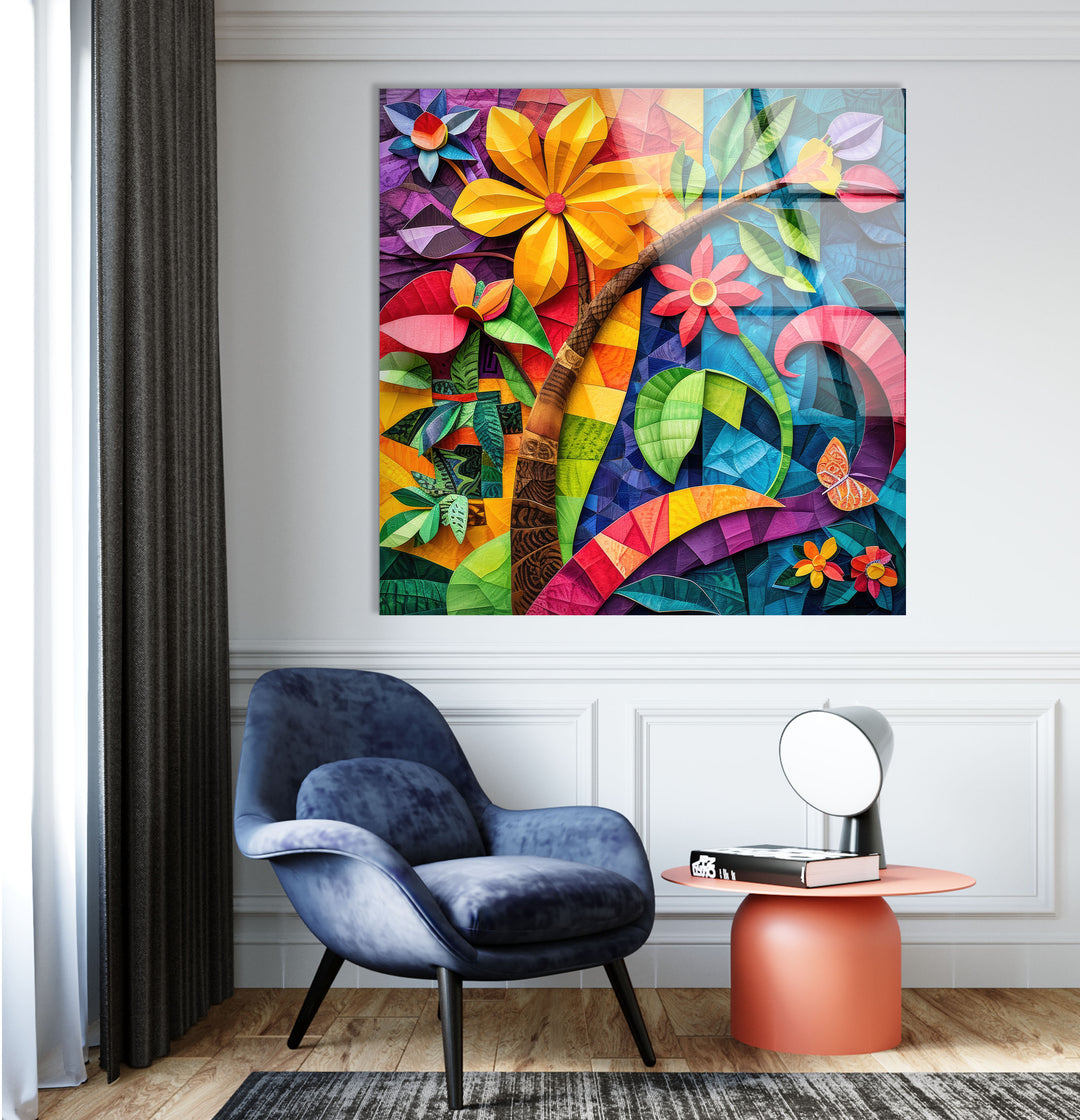 Abstract Colorful Flower Glass Wall Art, glass art painting, glass art for the Wall