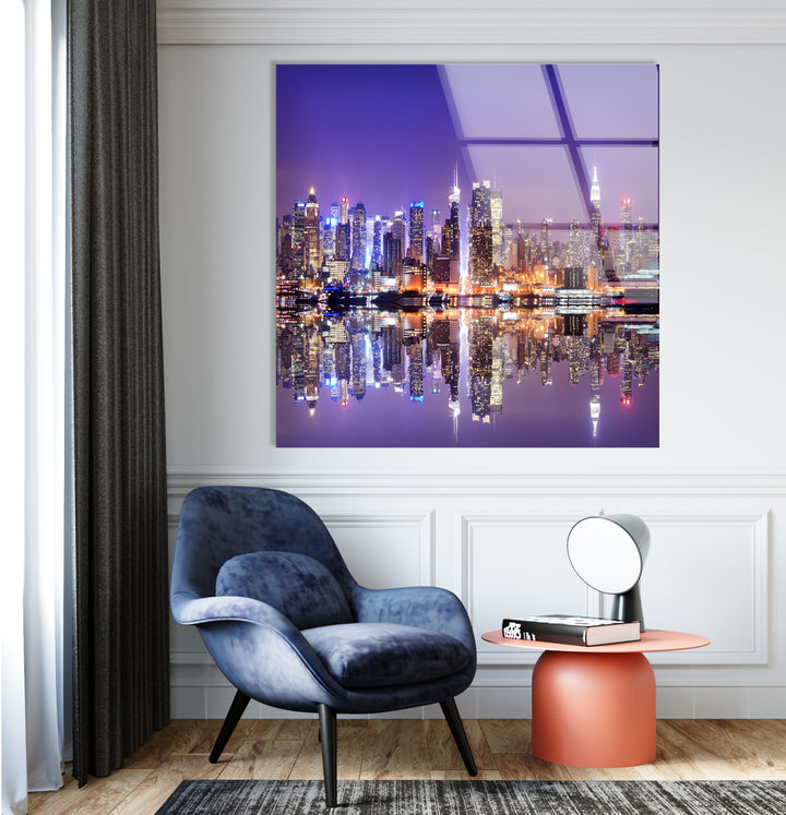 New York City Skyline Glass Wall Art – Iconic Manhattan Skyline with Stunning Waterfront Reflection