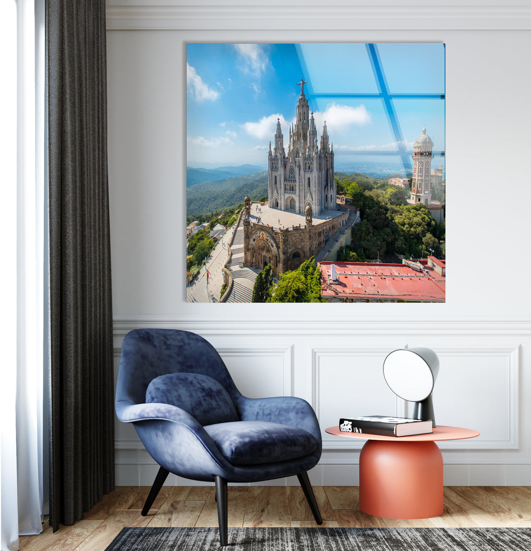 Tibidabo Cathedral Glass Wall Art – Majestic View of Barcelona’s Iconic Mountain & Church