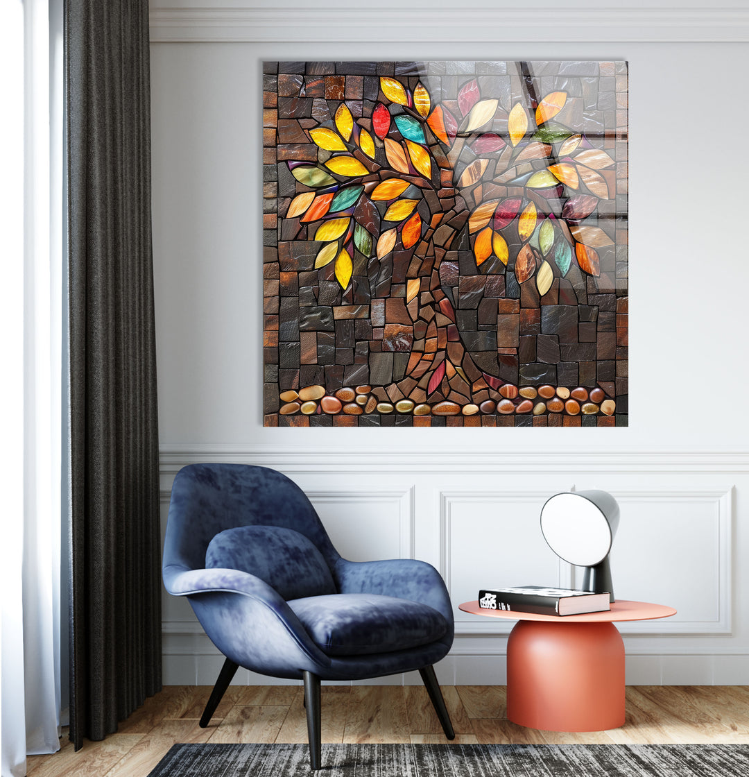 Mosaic Brown Tree Of Life Glass Wall Art picture on glass wall art, photos printed on glass