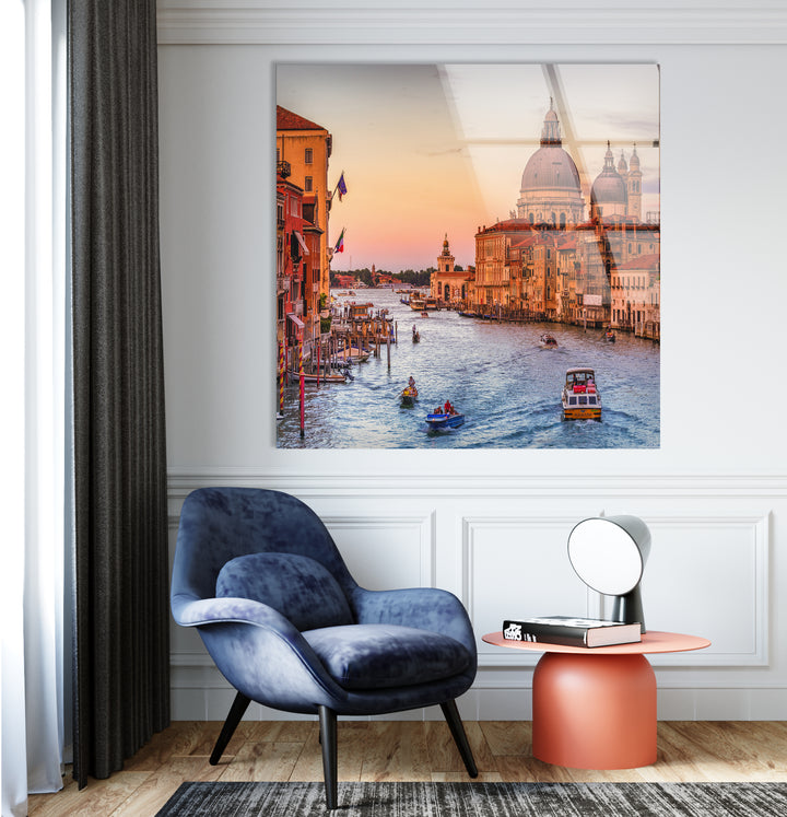 Venice Canal Glass Wall Art – Iconic Grand Canal View at Sunset with Boats