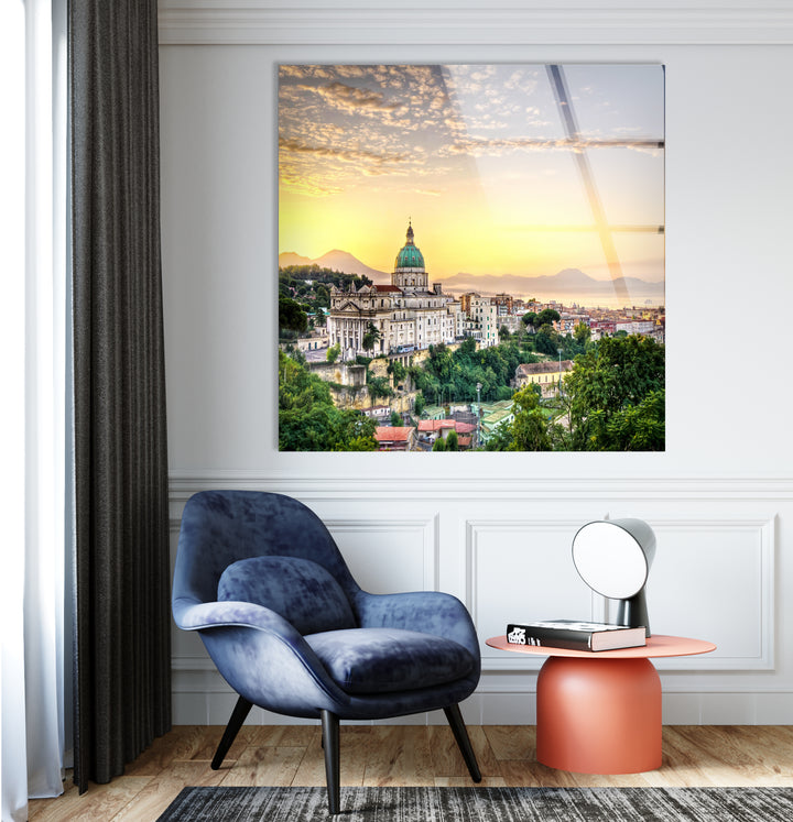 Sunset View of Naples Skyline Glass Wall Art – Iconic Italian Cityscape with Mt. Vesuvius View