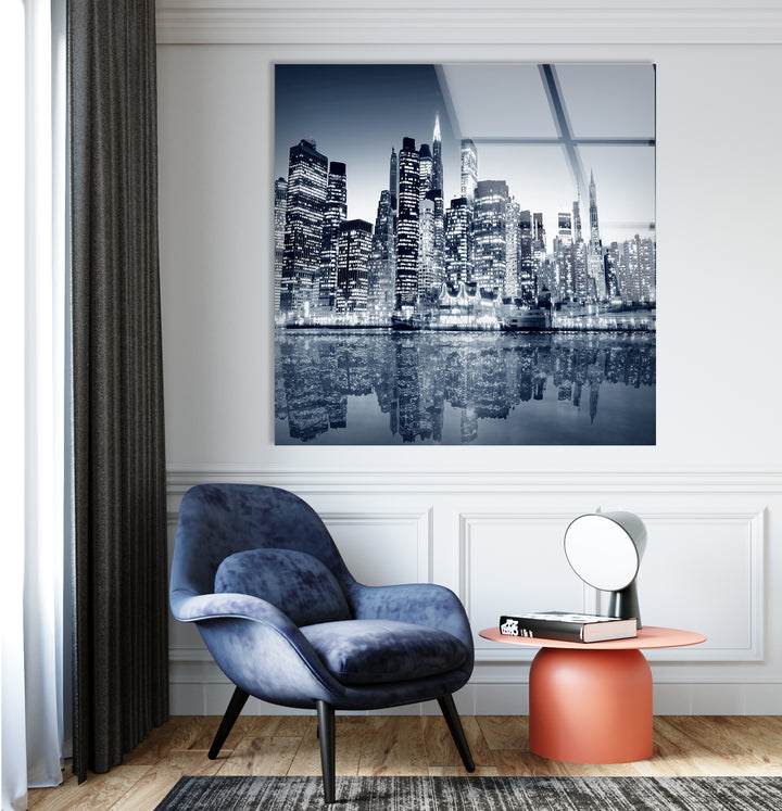 Black and White New York City Skyline Glass Wall Art – Iconic NYC View with Reflections