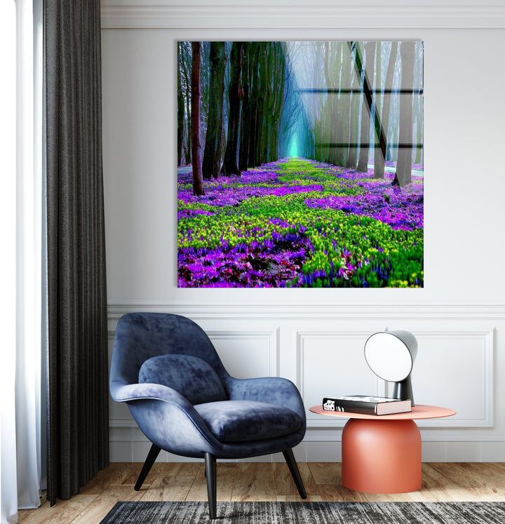 Flower Pathway Glass Wall Art – Serene Spring Landscape with Lush Blooming Flowers