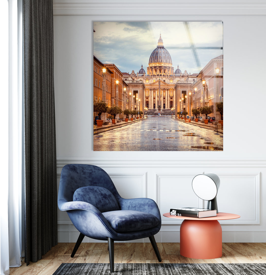 Vatican City Glass Wall Art – Majestic View of St. Peter's Basilica at Dusk