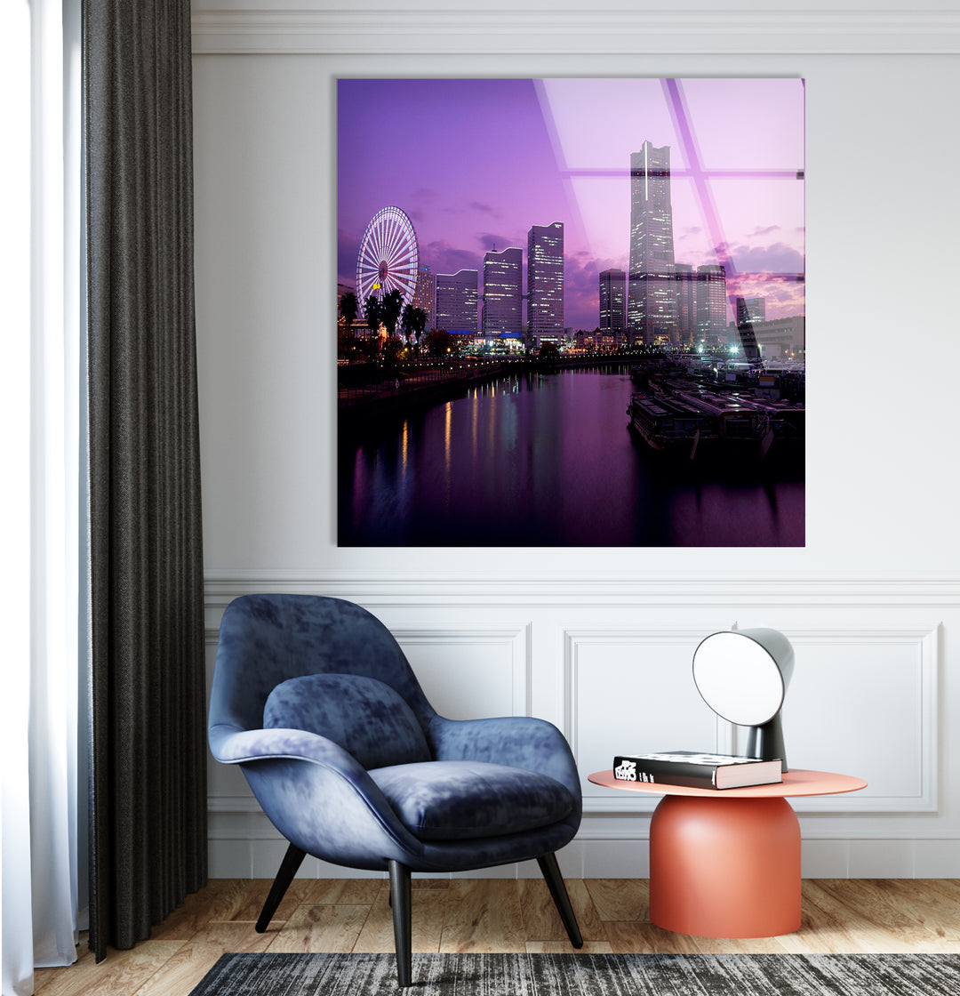 Yokohama City Skyline Glass Wall Art – Stunning Waterfront View with Ferris Wheel at Sunset