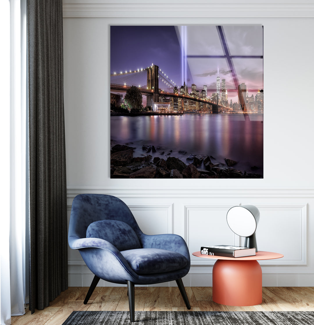 Brooklyn Bridge Glass Wall Art – Breathtaking NYC Skyline with Tribute in Light