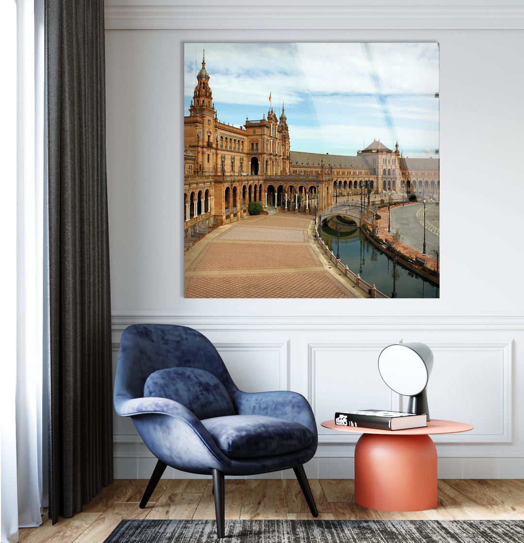 Plaza de España Glass Wall Art – Majestic Spanish Landmark with Scenic Canal View